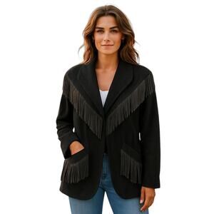 VTG Lorovi Wool Coat Women's L Black Western Fringe Wool Blend Pockets USA Made